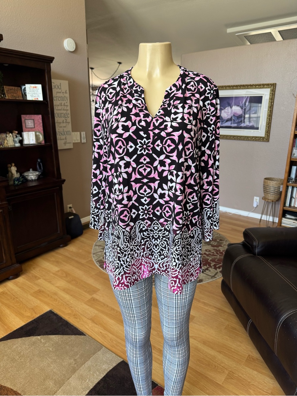Susan Graver Black Blouse with Pink and White Floral Geometric Print-L
